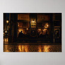 Regennächtliches belgisches Bierhaus-Abendplakat