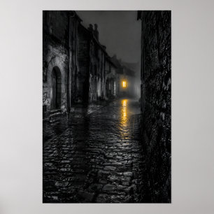 Regennasse Kopfsteinpflasterstraße Poster