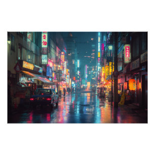 Regennasse Neon-Tokio-Gasse Fotodruck