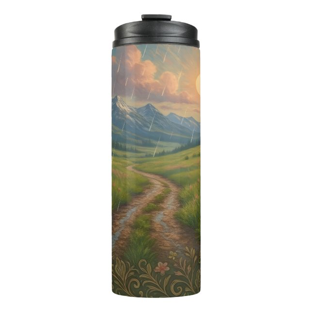Regenreicher Morgen am Berg Thermosbecher (Vorderseite)