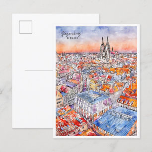 Regensburg Deutschland Vintage Reise Aquarell Postkarte