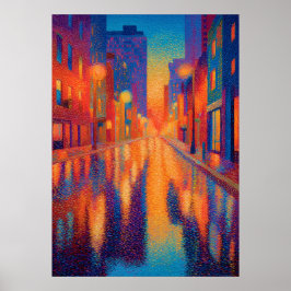 Regenstadt-Straßen-Pointillismus-Lichter Poster
