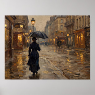 Regenstadt-Straßenfrau mit Regenschirm Gemälde Poster