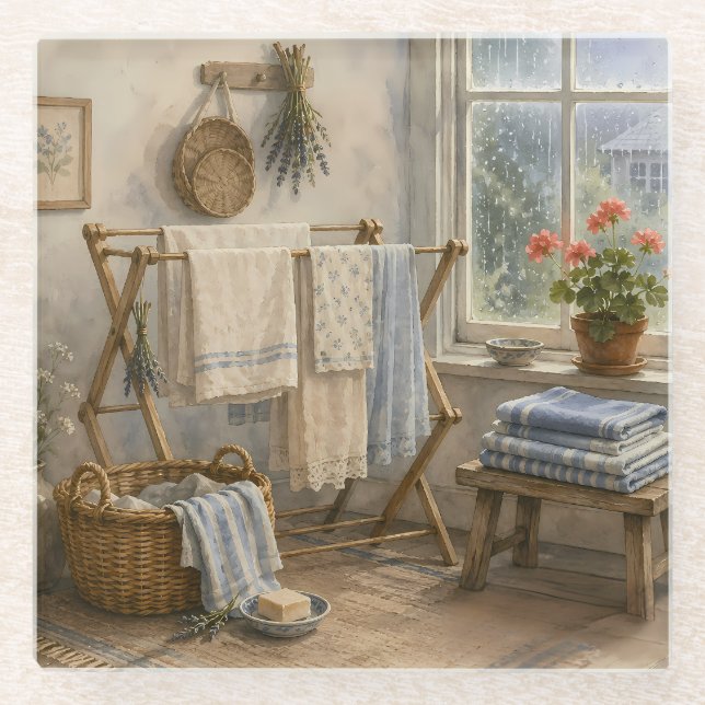 Regentag-Cottage-Wäscheraum Glasuntersetzer (Vorderseite)