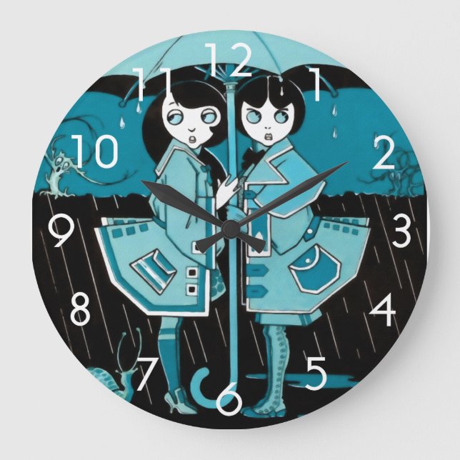 Regentag in Blau Große Wanduhr (Vorderseite)
