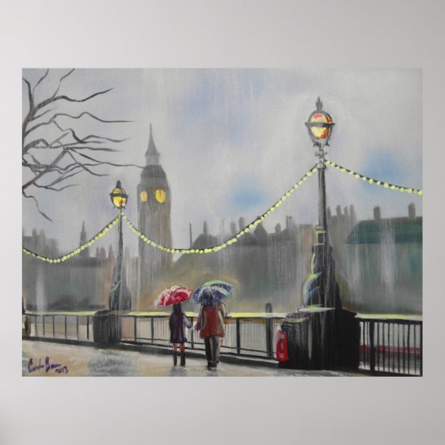 Regentag in London - Paar mit Regenschirm Poster (Vorne)