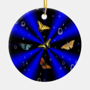 Regentropfen und Schmetterling auf schwarz und bla Keramik Ornament