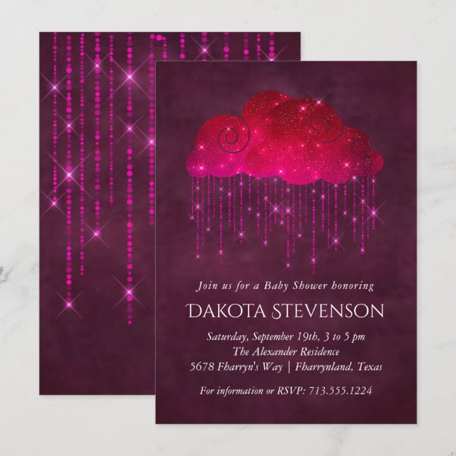 Regenwolken | Dark Pink Babydusche Einladung (Vorne/Hinten)