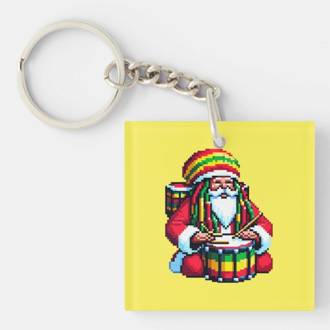 Reggae Santa Drummer - Fun Pixel Art Christmas Schlüsselanhänger (Vorderseite)