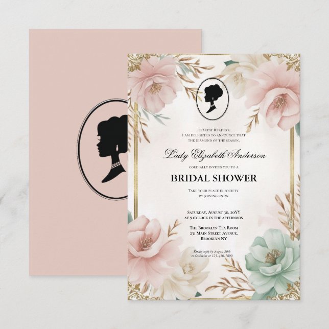 Regimezeit Florals Bridgerton Brautparty Invit Einladung (Vorne/Hinten)