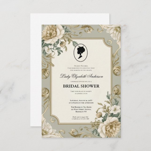 Regimezeit Florals Bridgerton Brautparty Invit Einladung (Vorne/Hinten)