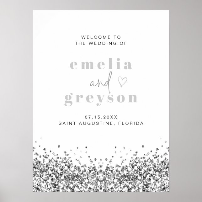 REGINA Glam Silver Glitzer Sequins Wedding Welcome Poster (Vorne)