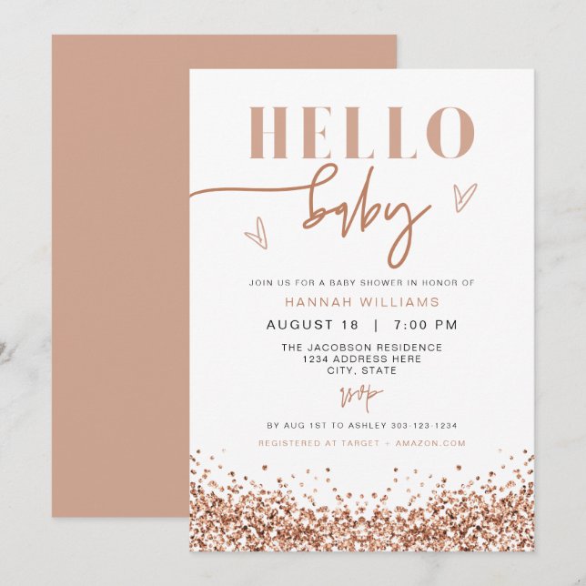 REGINA Hello Baby Rose Gold Sequin Baby Dusche Einladung (Vorne/Hinten)