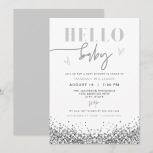 REGINA Hello Baby Silver Sequin Baby Dusche Einladung