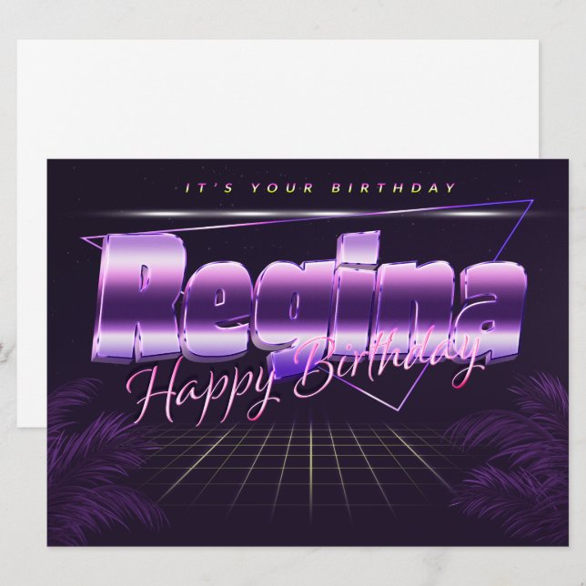 Regina Name Vorname lila retro Karte Geburtstag (Vorne/Hinten)