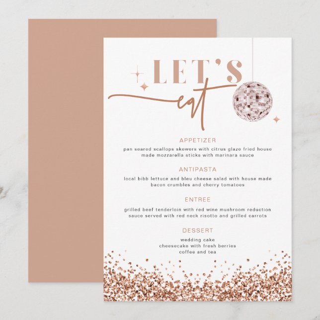 REGINA Rose Gold Disco Wedding Let's eat Menu Menükarte (Vorne/Hinten)