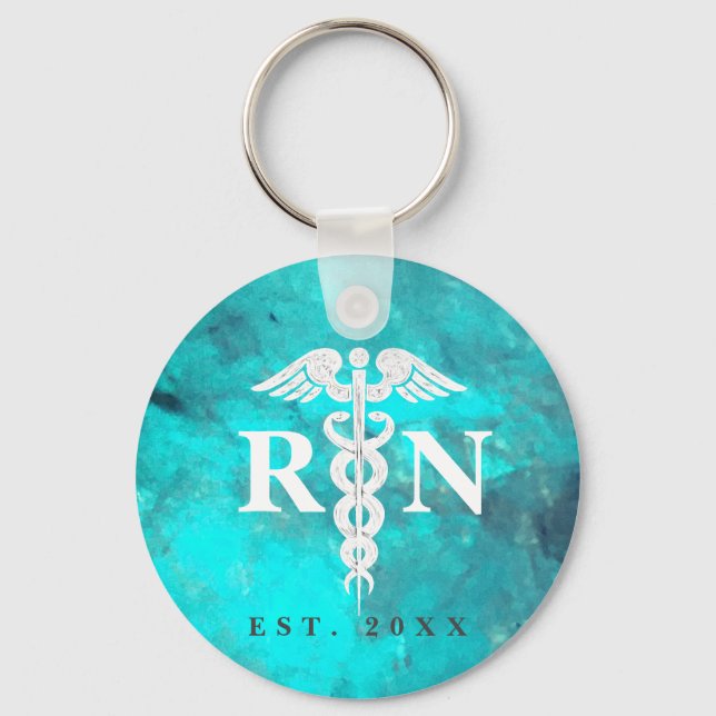 Registered Nurse Caduceus Modern Aquamarin Marble Schlüsselanhänger (Vorderseite)