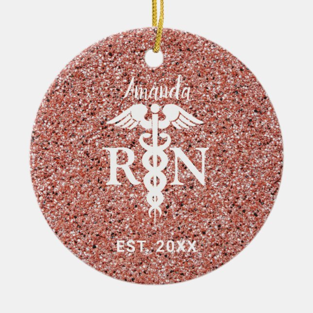 Registered Nurse Pink Rose Gold Glitter Customized Keramik Ornament (Vorne)
