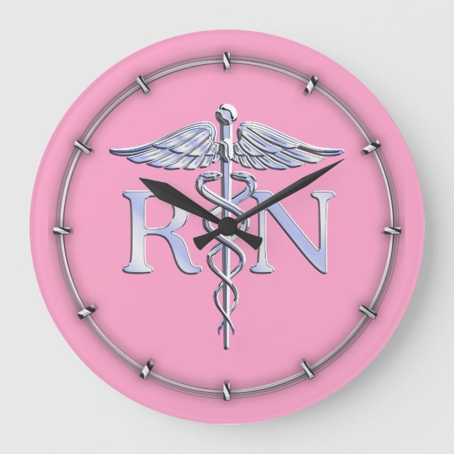 Registered Nurse Silver Caduceus Light Pink Decor Große Wanduhr (Vorderseite)