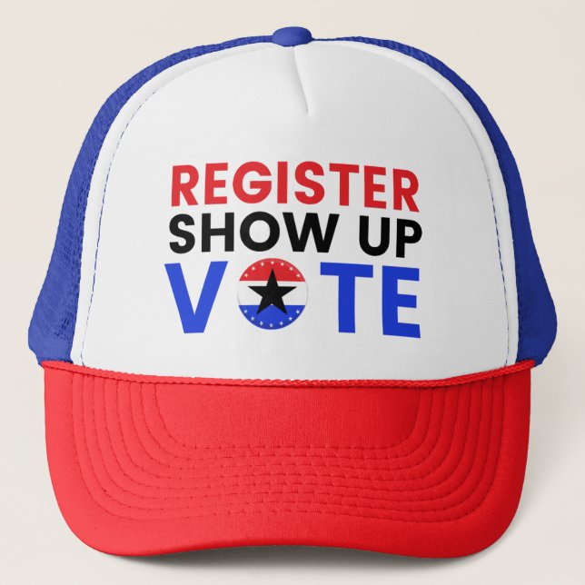 Registrieren Sie die Stimme anzeigen Hat 2024 USA  Truckerkappe (Vorderseite)