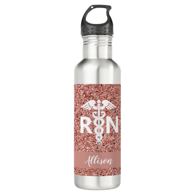 Registriert Nurse Caduceus Rose Gold Glitzer Name Edelstahlflasche (Vorderseite)