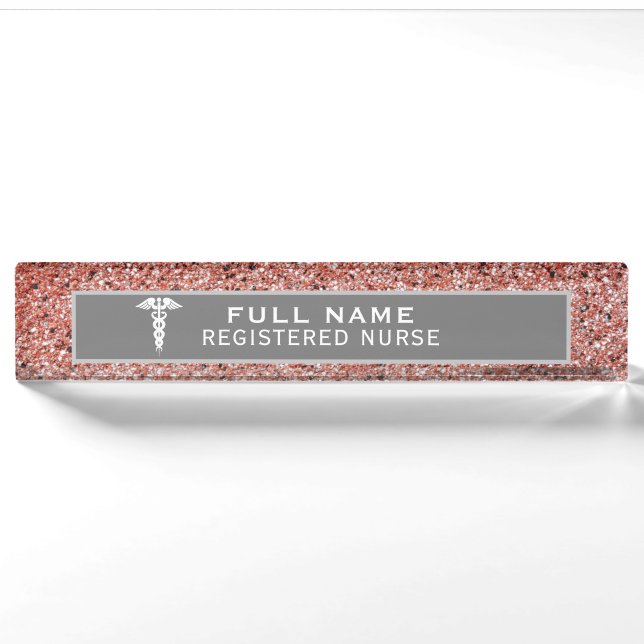 Registriert Nurse Caduceus Rose Gold Glitzer Namensplakette (Vorderseite)