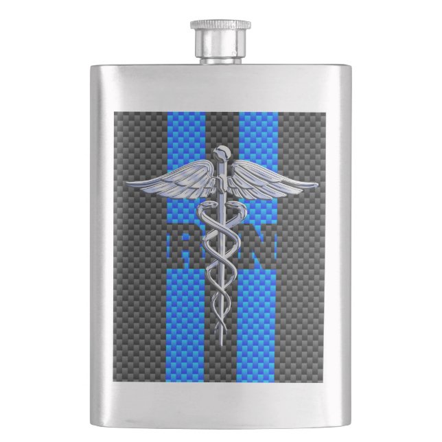 Registriert Nurse RN Caduceus Carbon Fibre Print Flachmann (Vorderseite)