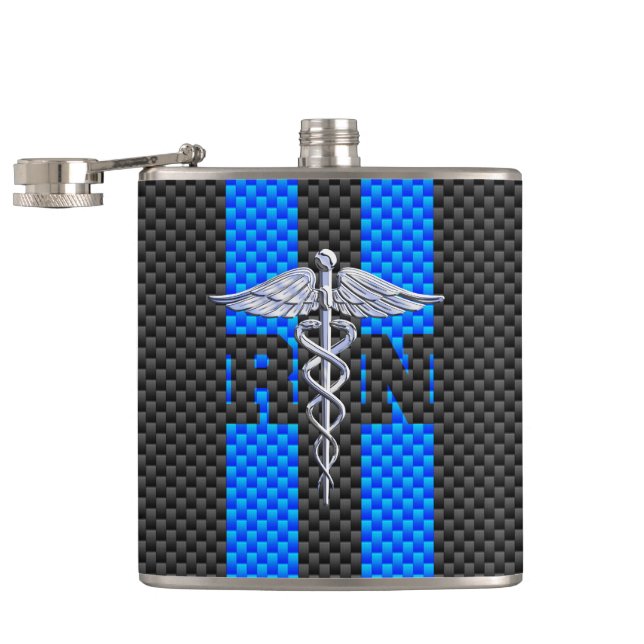 Registriert Nurse RN Caduceus Carbon Fibre Streife Flachmann (Geöffnet)