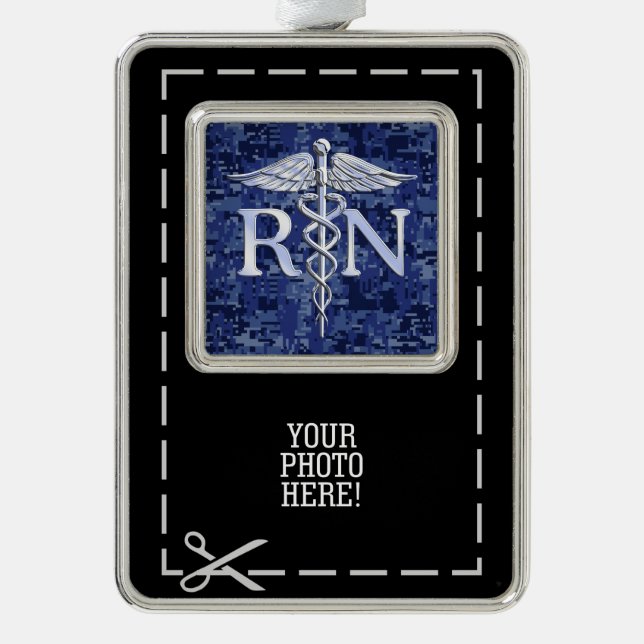 Registriert Nurse RN Silber Caduceus Navy Blue Cam Rahmen-Ornament Silber (Vorderseite)
