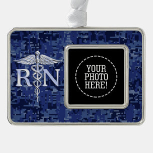 Registriert Nurse RN Silber Caduceus Navy Blue Cam Rahmen-Ornament Silber
