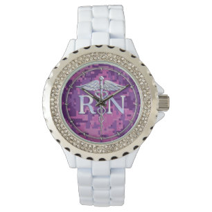 Registriert Nurse RN Silver Caduceus Fuchsia Camou Armbanduhr