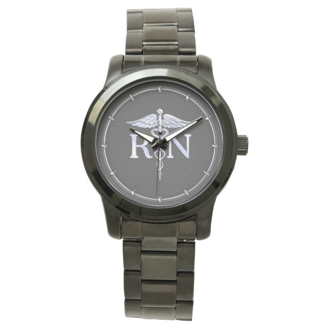 Registriert Nurse RN Silver Caduceus Snakes Armbanduhr (Vorderseite)