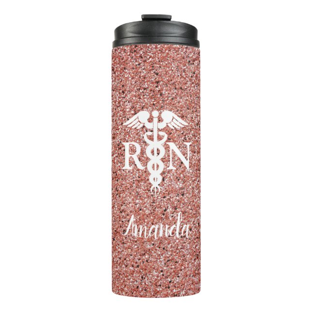Registrierte Krankenschwester Caduceus Rose Gold G Thermosbecher (Vorderseite)