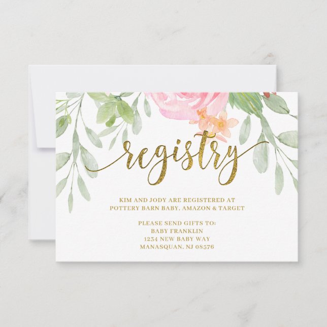 REGISTRIERUNGS-Karte für Rosa und Gold-Baby-Dusche Dankeskarte (Vorderseite)