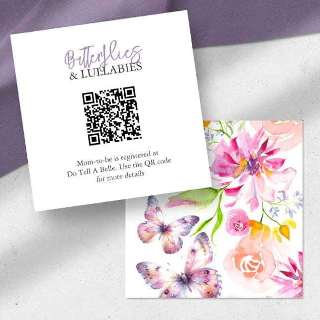 Registrierungskarte für Schmetterlinge und Lullabi Begleitkarte (Baby shower invitation insert card purple butterfly theme floral art by Victoria Grigaliunas)