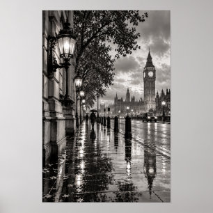 Regnerische London Big Ben Schwarz-Weiß-Wandkunst Poster