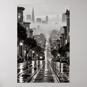 Regnerische San Francisco-Seilbahn Schwarz-Weiß-Wa Poster