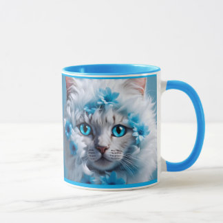 Reguläre blaue Tasse mit schöner weißer Katze 