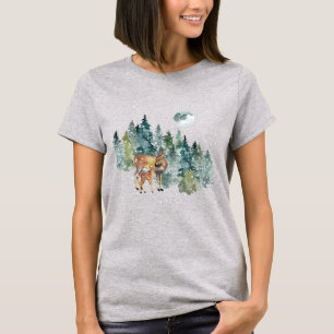 Reh Hirschkuh Wald Vollmond Schneefall Weihnachten T-Shirt