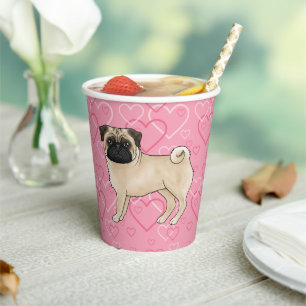 Reh-Pug-Hund-Cartoon-Mops-Liebesherzmuster Rosa Pappbecher
