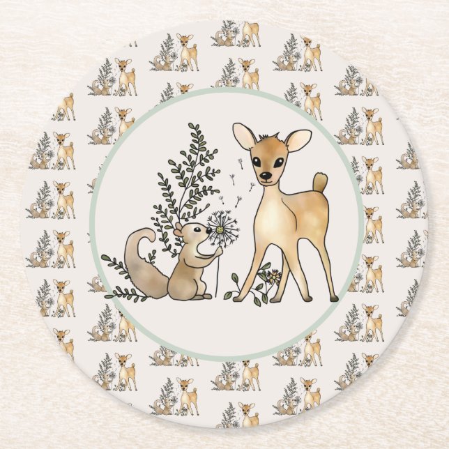 Reh und Eichhörnchen  Runder Pappuntersetzer (Vorderseite)