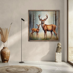 Reh und Kitz im Waldlicht Landschaft Poster