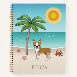 Rehbrauner Boston Terrier an einem tropischen Somm Notizbuch