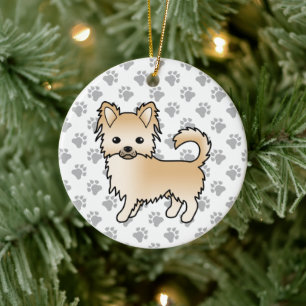 Rehbrauner Langhaar Chihuahua Cartoon-Hund & Pfote Keramik Ornament