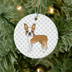 Rehbrauner und weißer Boston Terrier Cartoon-Hund  Keramik Ornament