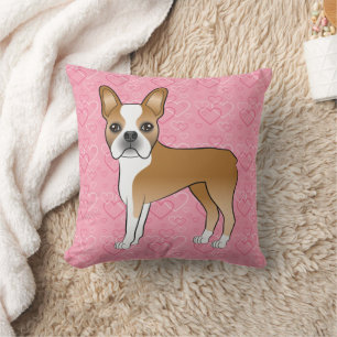 Rehbrauner und weißer Boston Terrier Hund auf rosa Kissen