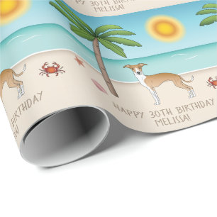 Rehbrauner und weißer Iggy-Hund an einem tropische Geschenkpapier
