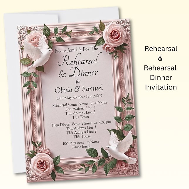 Rehearsal Invitation Card Pink Roses & Doves Einladung (Von Creator hochgeladen)