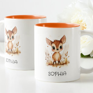 Rehkitz Aquarell Tier Einfach Niedlich Kinder Name Zweifarbige Tasse