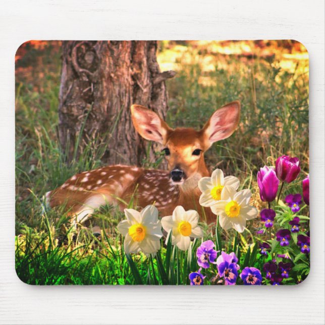 Rehkitz im Wald mit Tulpen-Mauspad Mousepad (Vorne)